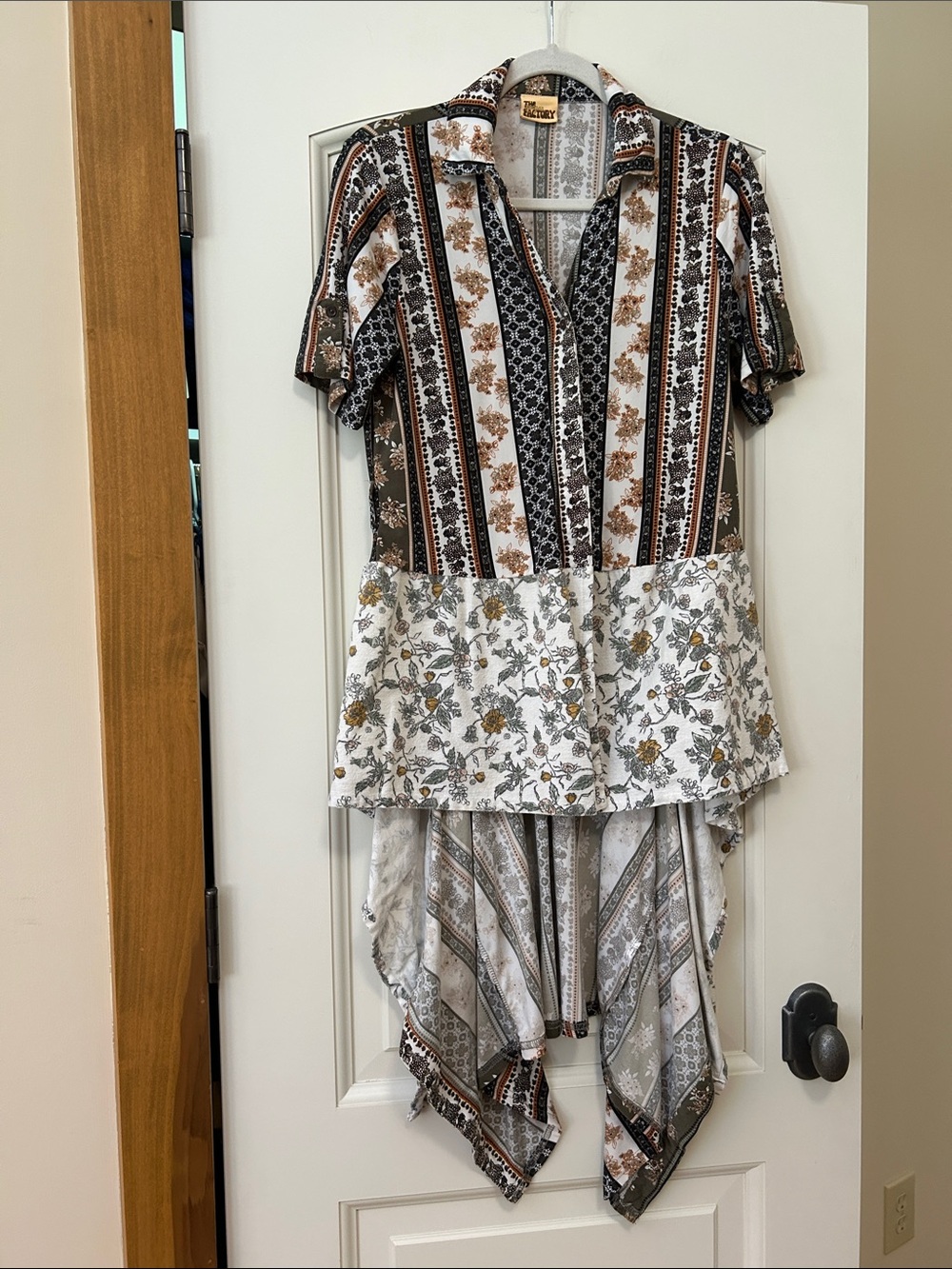 Mixed-Print Short Sleeve Handkerchief Hem Tunic - White, Brown & Gray